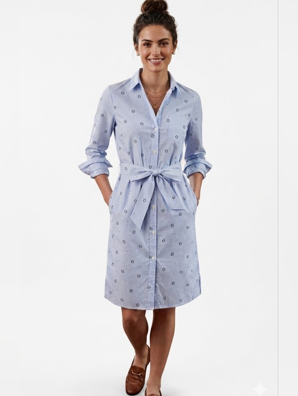 ​NWT C. Wonder Classic Preppy Stripe Belted Logo Shirt Dress Cotton Poplin XS